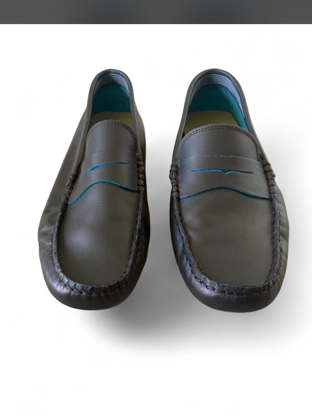 Lacoste Men's Dark Brown Leather Penny Loafers with Teal Stitching